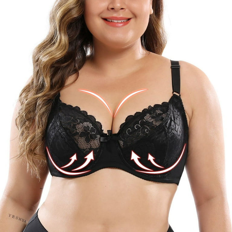 Maxcozy Plus Size Women Lace Gather Push Up Bra Underwire Embroidery Floral  Adjustable Straps D-cup Bra 34-46 