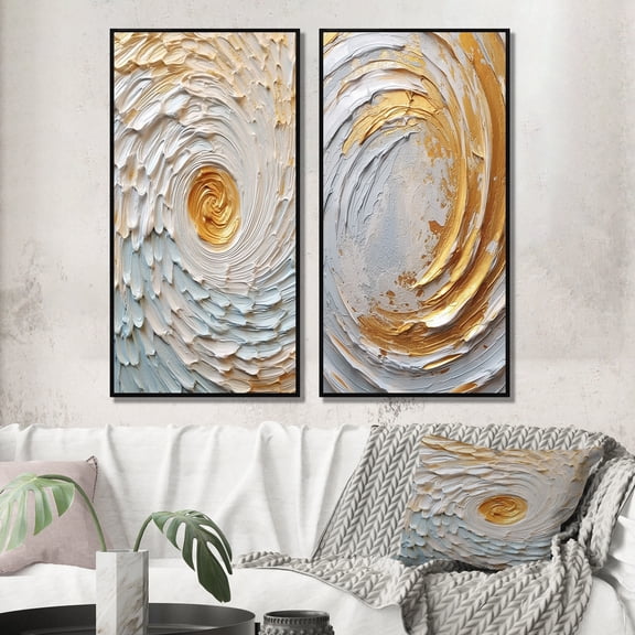 Designart "Enchanted Whirls in Gold and Cream III" Abstract Spirals Framed Wall Art Set Of 2 - Gold Abstract Frame Gallery Set For Office Decor