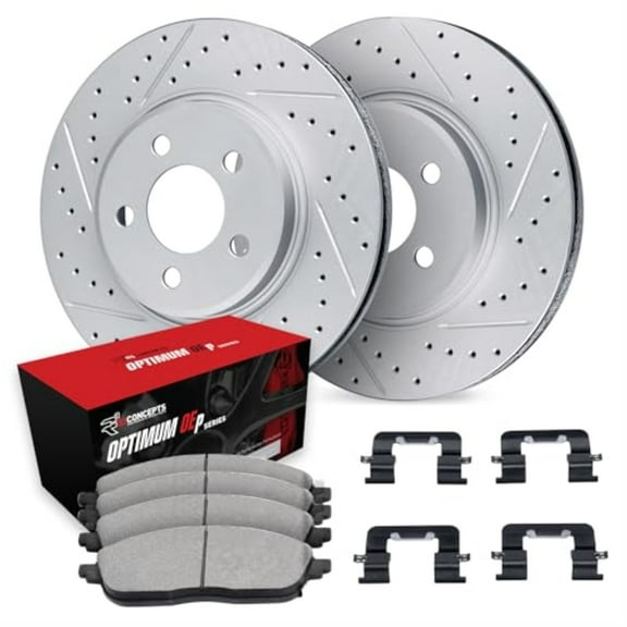 R1 Concepts Drilled and Slotted Carbon Coated Disc Brake Rotor Set with Optimum Oe Pads and Hardware WBUH1-47061