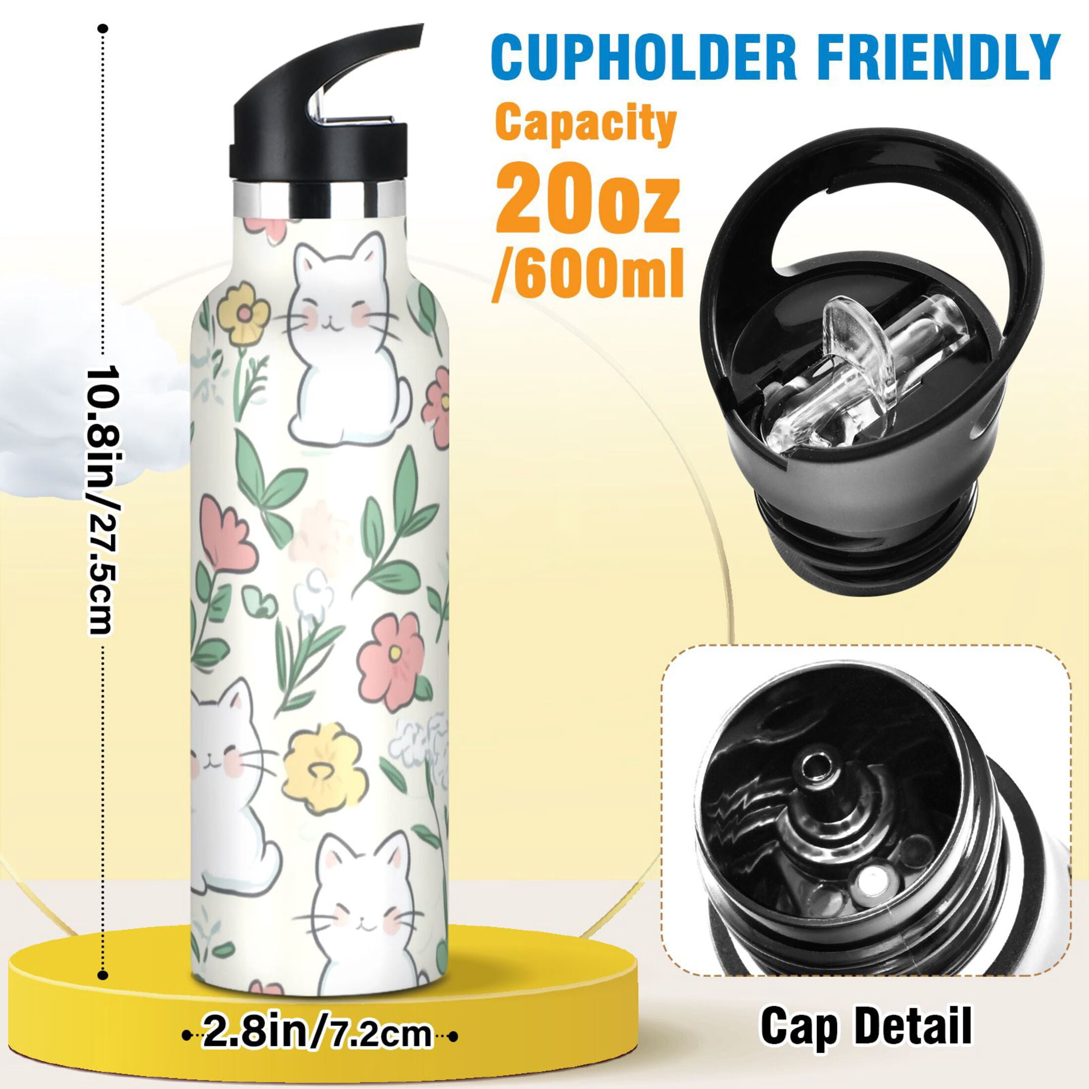 Kids Insulated Stainless Steel Sports Water Bottle 600ml (20oz) Cute White Cat Pattern