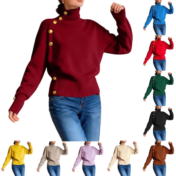 Womens Mock Neck Long Sleeve Knit Sweaters Turtleneck Casual Lightweight Button Fall Pullover Sweater Royal Blue L