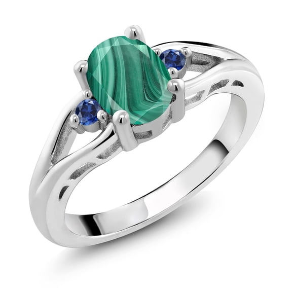 Gem Stone King 925 Sterling Silver Green Malachite and Blue Created Sapphire 3 Stone Engagement Ring for Women | 2.09 Cttw | Oval 8X6MM | Round 2MM | Gemstone Birthstone | Size 5