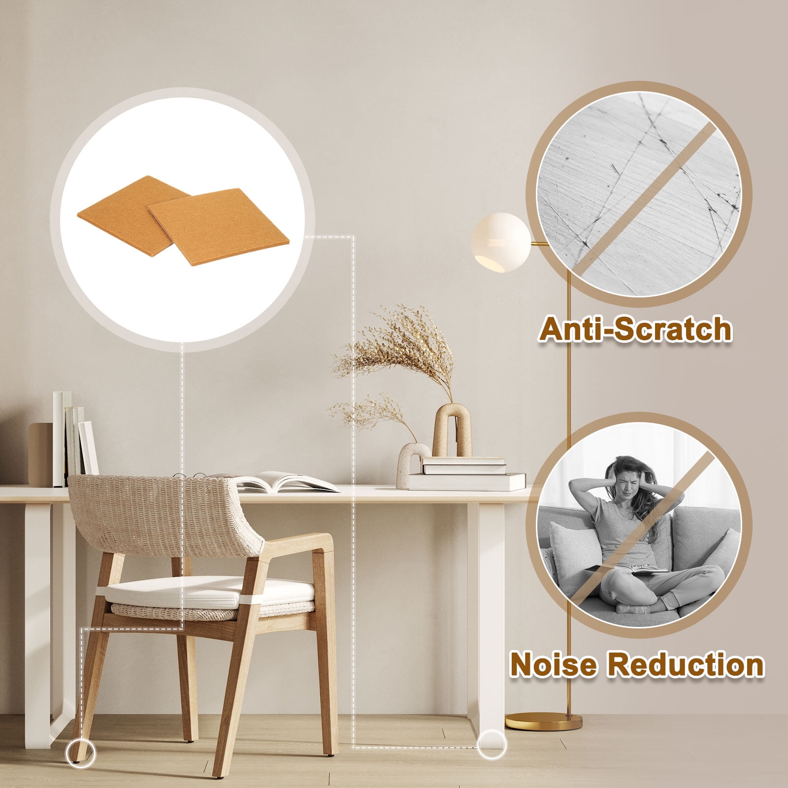 Felt Furniture Pads, 24Pack 5.12" x 5.12" Adhesive Backed Felt Non-slip Anti-scratch Chair Leg Protectors for Protecting Hardwood Floor, Light Brown
