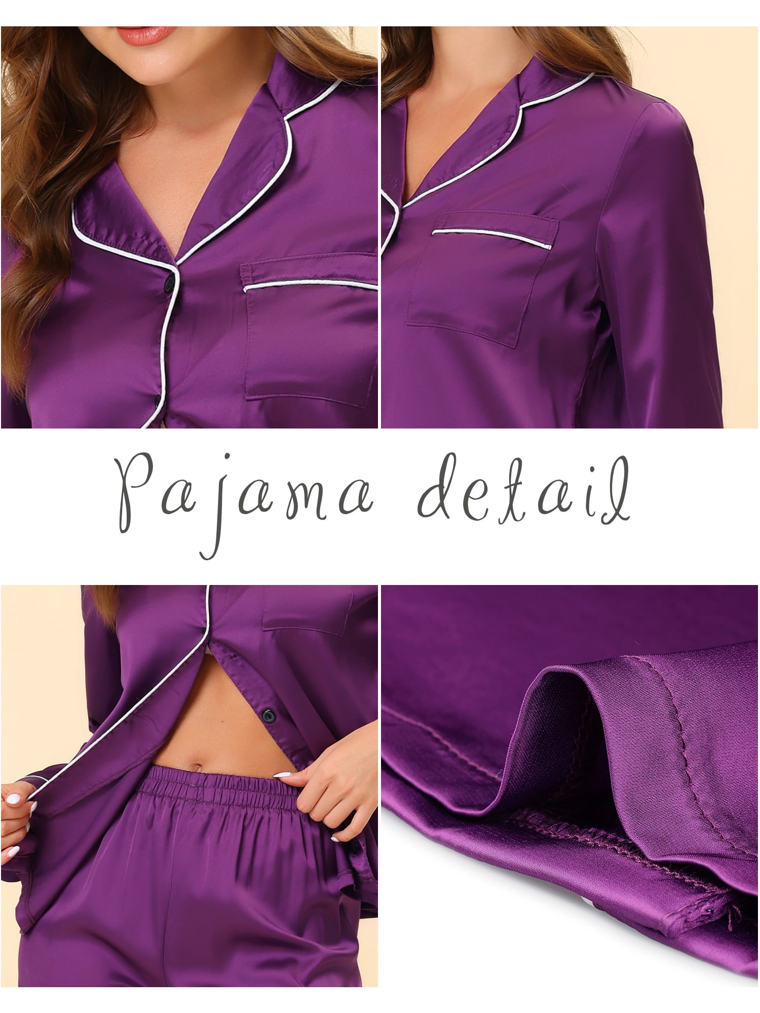 Unique Bargains Women's Pajama Loungewear Long Sleeves Tops and Pants Satin Sleepwear Sets