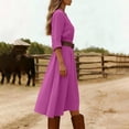 thumbnail image 6 of Ohufall Women's Dresses Long Sleeve Round Neck Flowy Midi Dress Solid Color Vacation Fashion Dress, 6 of 6