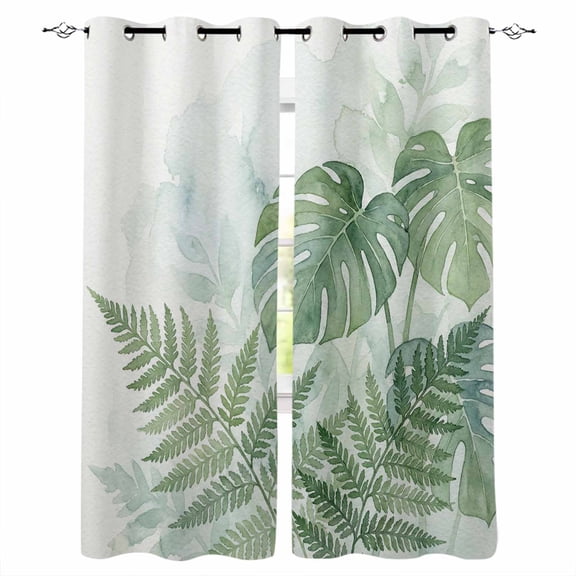 Summer Botanical Blackout Curtains for Bedroom, Green Palm Leaves Tropical Plant Thermal Insulated Kitchen Drapes with Grommets, Light Blocking Window Treatment, 2 Panels 42" x 45"