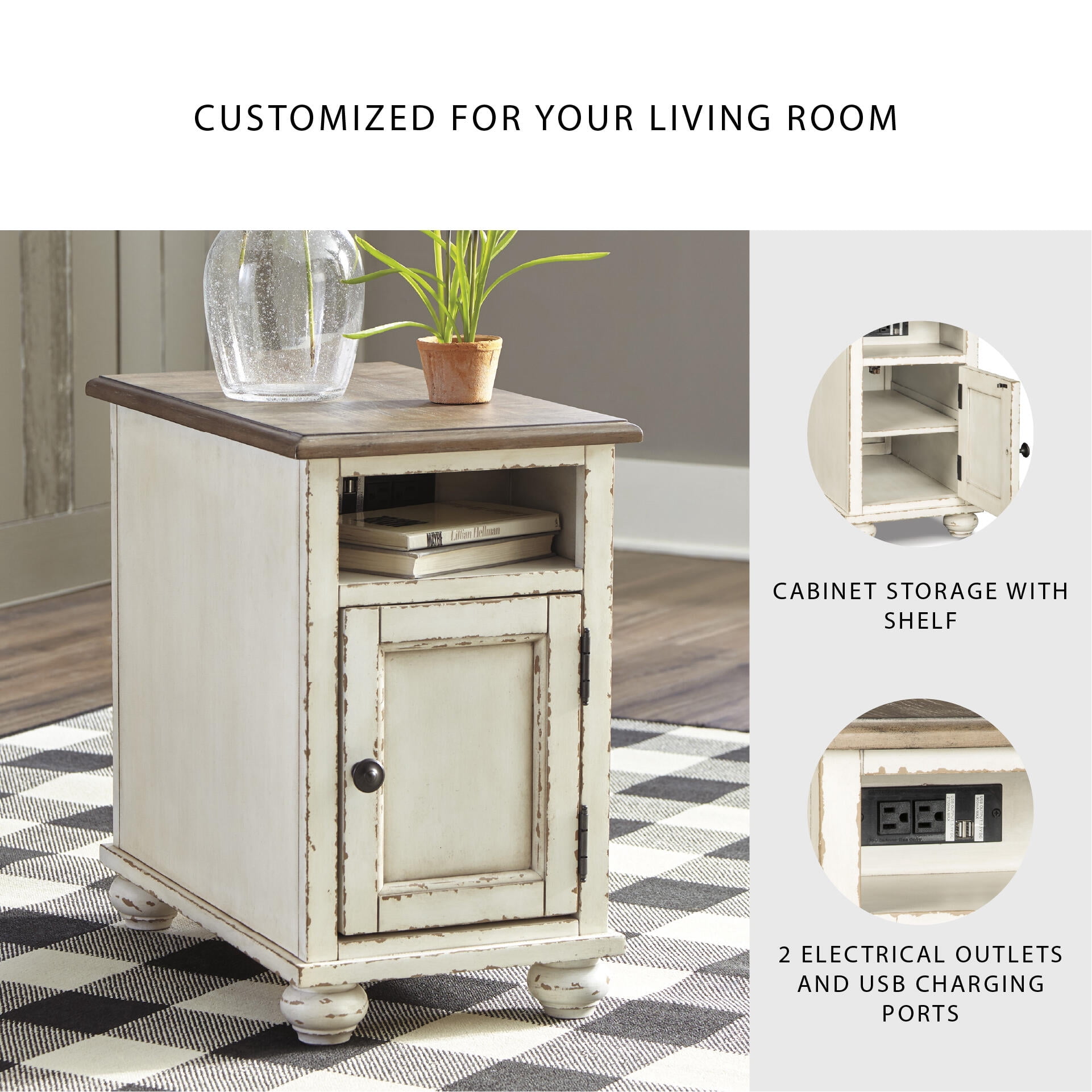Signature Design by Ashley Realyn Chairside End Table with USB Charging - Farmhouse White/Brown