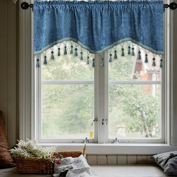Taicans Wave Valance with Bead Trim Tassels Semisheer Light Filtering Rod Pocket Taloired,Blackout Scalloped Tier Curtains with Tassel for Windows Living Room Decor 59 x 16 in Light blue