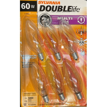 

Sylvania Double Life Incandescent Light Bulb 60 watt Clear candelabra base Decorative-- 6 pack