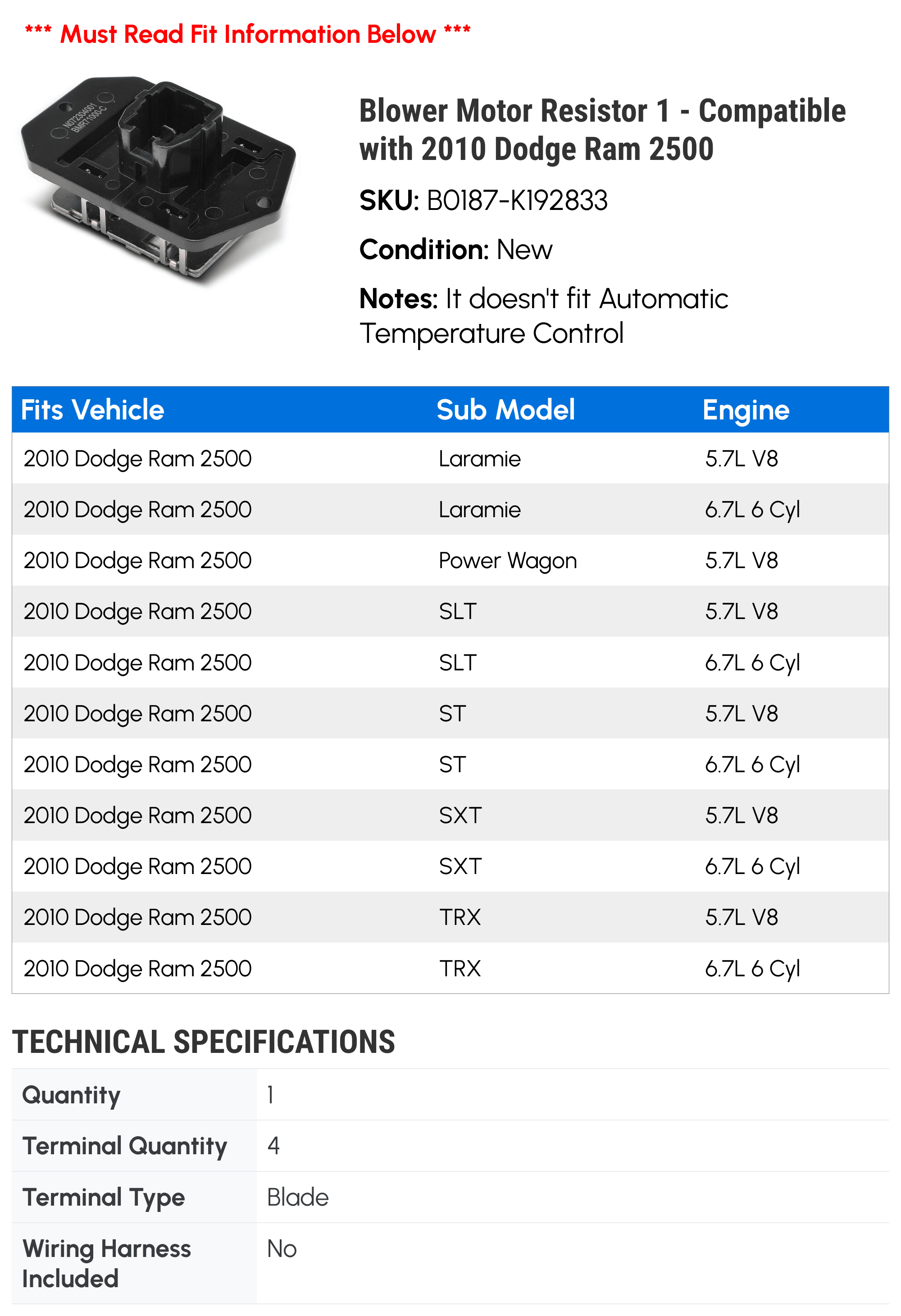 Blower Motor Resistor 1 - Compatible with 2010 Dodge Ram 2500 - Autopart Premium