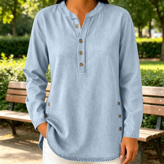 Womens Denim Shirt Long Sleeve Button Down Shirt Casual Jean Shirt Jacket Vintage Denim Blouses Tops with Pockets White XL