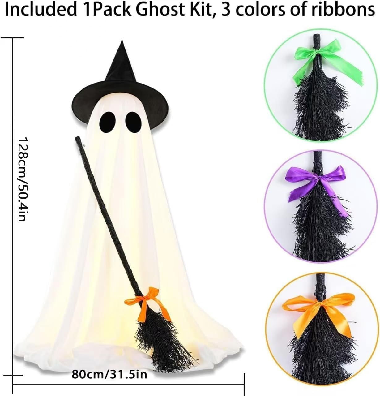 LED Light Up Ghost Decoration with Witch Broom and Timer for Halloween