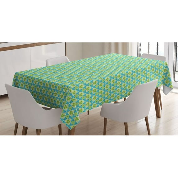 Geometric Tablecloth, Small Repeated Geometrical Forms Mosaic Composition in Nature Tones, Rectangle Satin Table Cover for Dining Room and Kitchen, 52" X 70", Dark Seafoam Lime Green, by Ambesonne