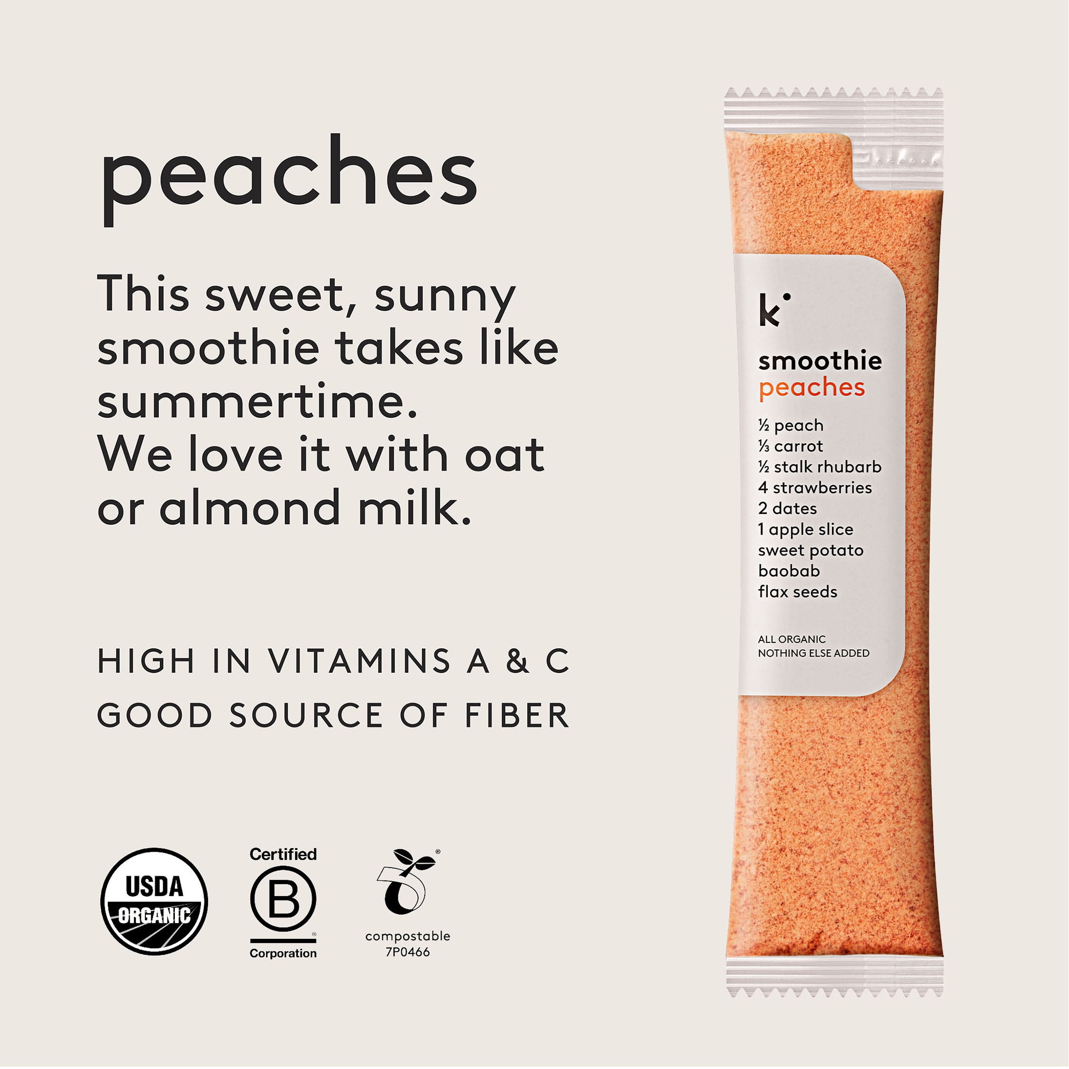 Kencko Peaches Organic Instant Fruit & Veggie Smoothies, Powdered Drink Mix, .78 oz, 4 Pack
