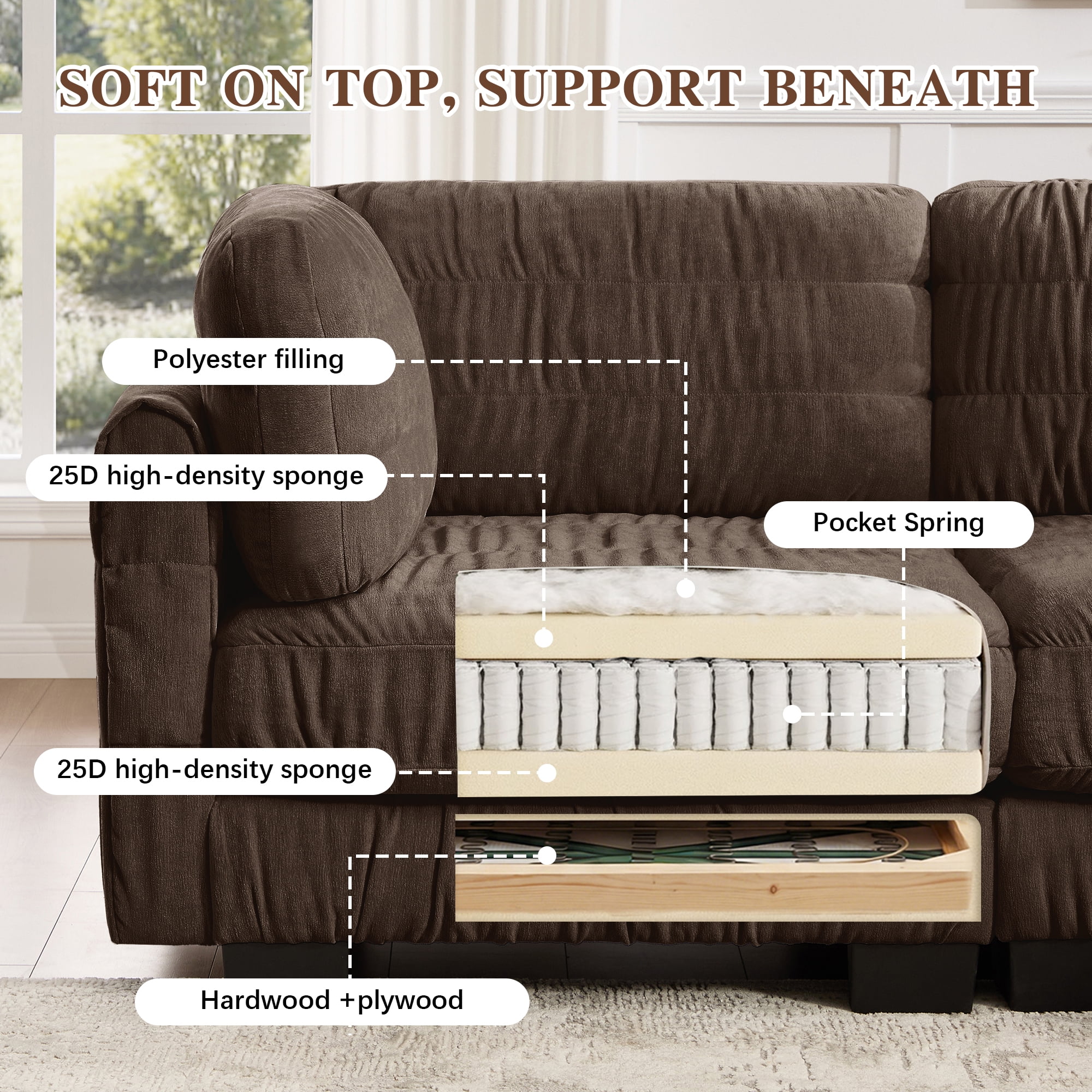 140" L Shape 4 Seat Chenille Modular Sectional Sofa with Ottoman and L Shape Back Cushions,Easy Assembly