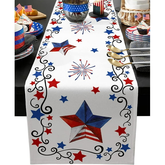 Rdsfhsp 4th of July Table Runner Red Blue Stripes Stars Table Runners Independence Day American Flag Linen Dresser Scarf Kitchen Dining Table Decor for Memorial Day July 4th 13x72 Inch