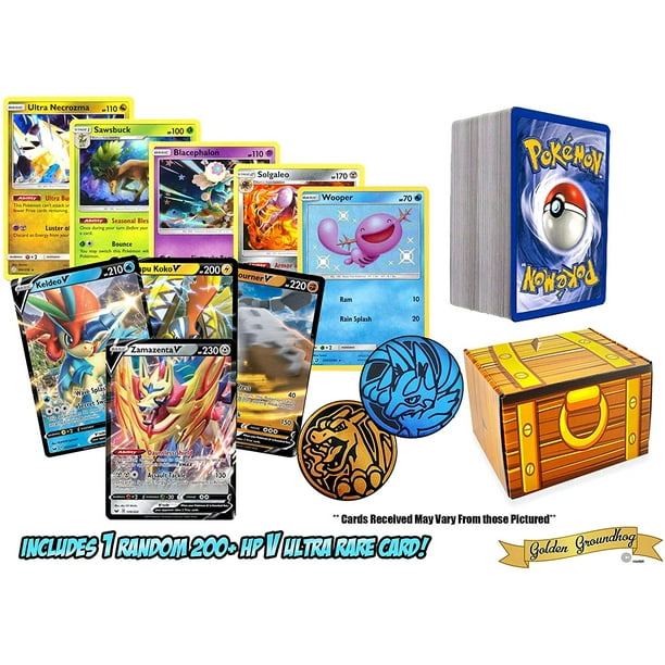 100 Pokemon Card Lot With 1 0 Hp Or Higher Pokemon Sword Shield V Ultra Rare Foils Rares Coin Includes Golden Groundhog Treasure Chest Box Walmart Com Walmart Com
