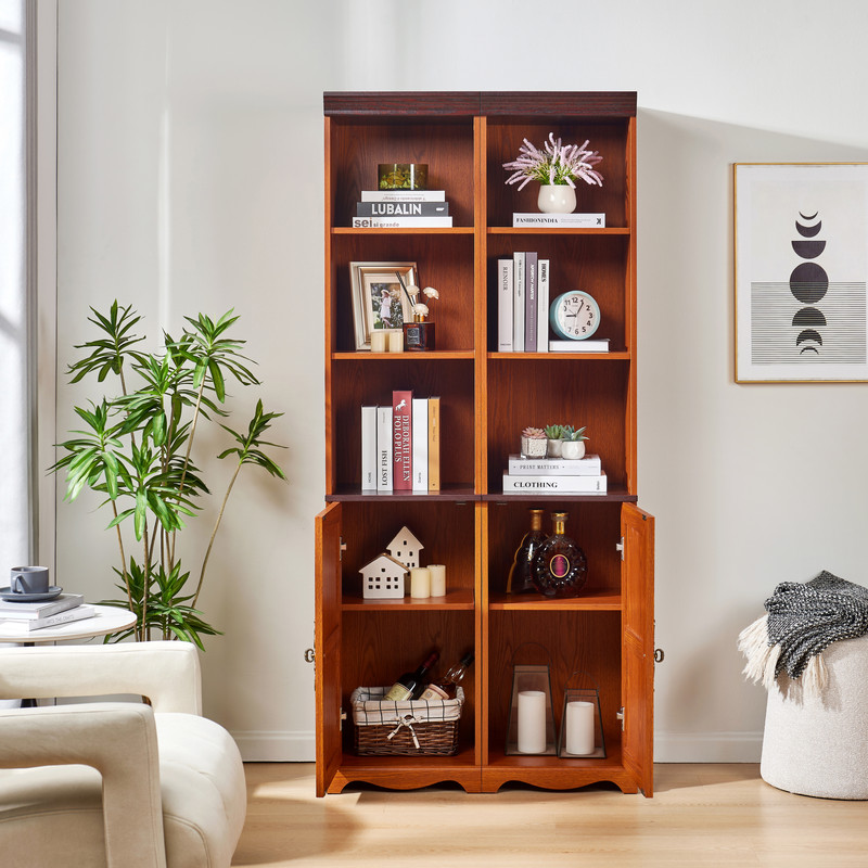 Farmhouse Storage Cabinet with Barn Door & Adjustable Shelf, Wood Bookcase for Home Office, Bookshelf with Open Display Cubbies