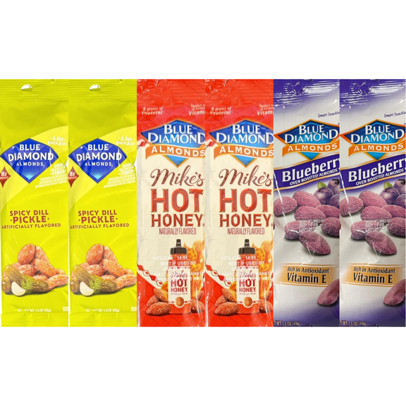 Blue Diamond Almonds Variety Pack, Hot Honey, Spicy Dill Pickle & Blueberry Flavored Almonds, 1.5 oz Each, 6 Pack