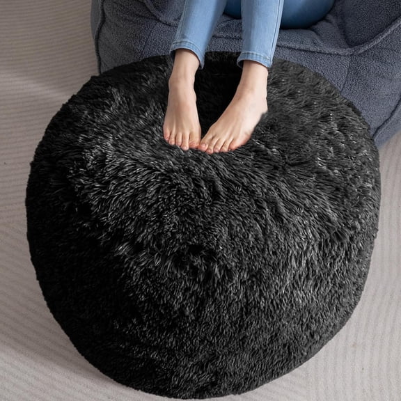 Round Stuffed Pouf Ottoman, Long Faux Fur Poufs with Foam Chunk Filling, Fluffy and Furry Pouf Foot Stool Storage Ottoman, 26 X 18 Floor Poufs Foot Rest for Living Room, Black