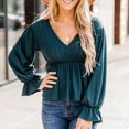 thumbnail image 3 of Top de manga larga con cuello en V y mangas acampanadas con dobladillo con volantes, blusa holgada y transpirable para mujer para otoño invierno verde L, 3 of 6