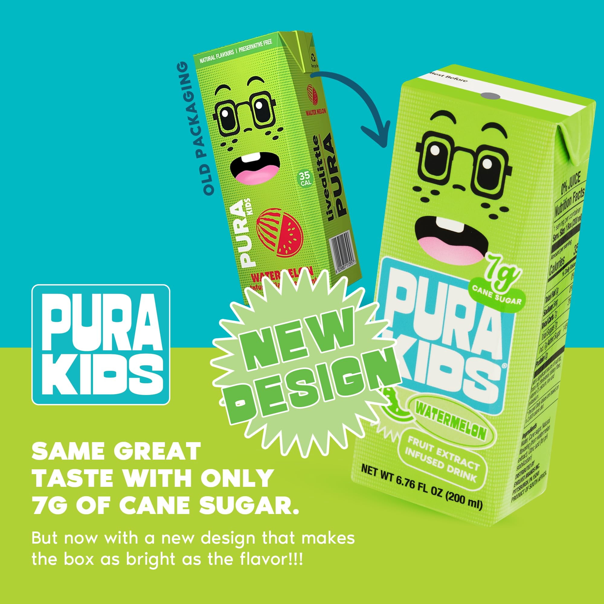 PURA Kids Juice Box | Watermelon Fruit Extract Juice Drink for Kids | 7g Pure Cane Sugar | Non-GMO | Vegan | No Artificial Sweeteners | Lunchbox Juice with Paper Straw | 6.76 Fl Oz (200ml),Pack of 24