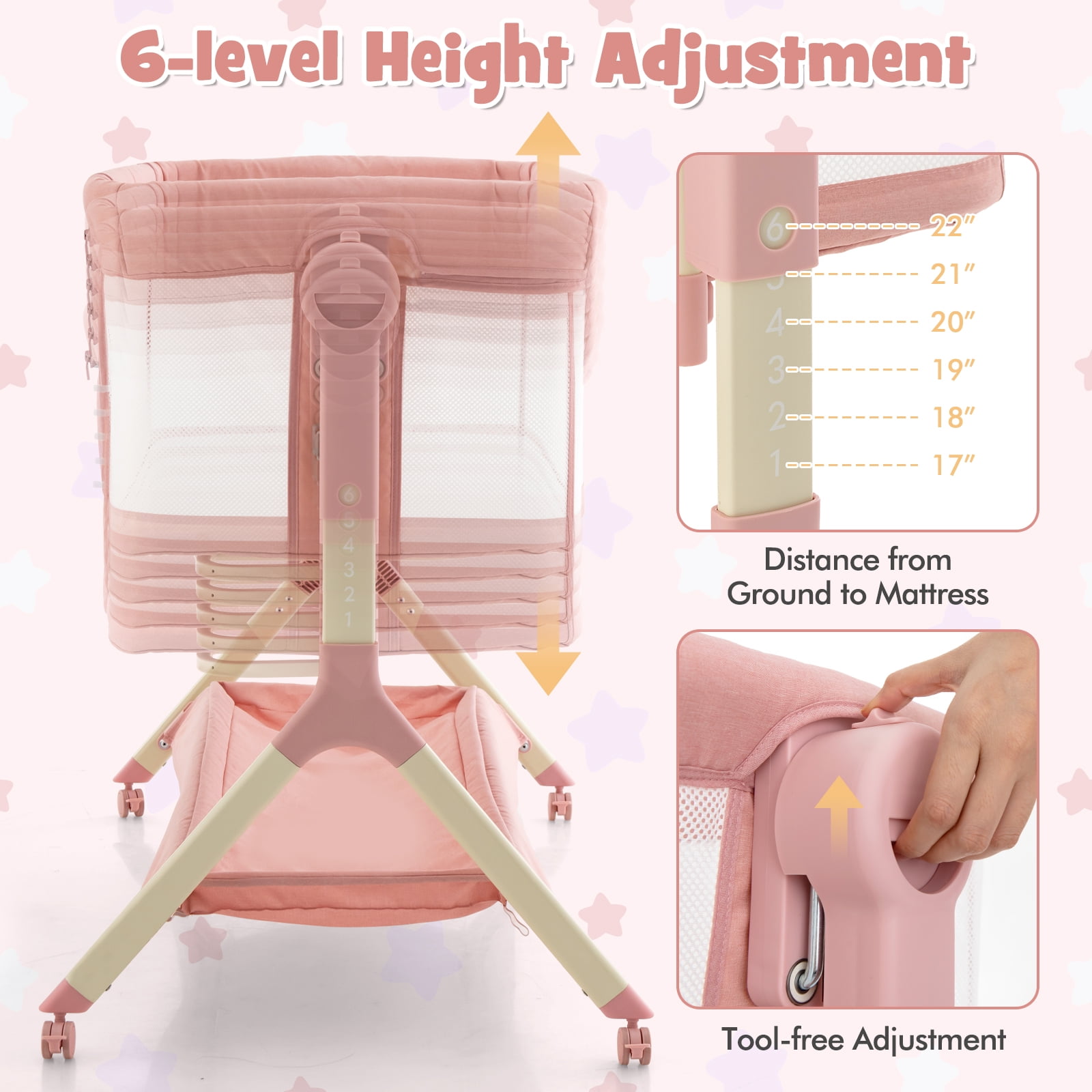 Costway Height Adjustable Bedside Sleeper Baby Crib with Storage Bag Pink