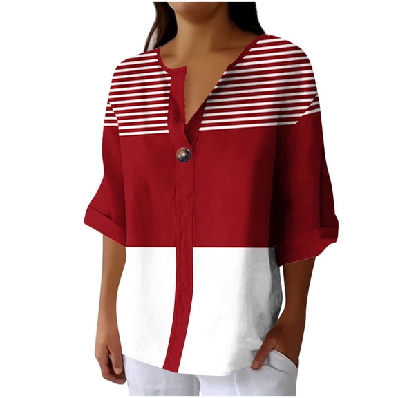 VEKDONE Womens 3/4 Sleeve Tops Striped Color Block Tunic Tops Summer Button Down V-Neck Blouse Casual Lightweight Comfy Shirts Fashion Clothes Red M
