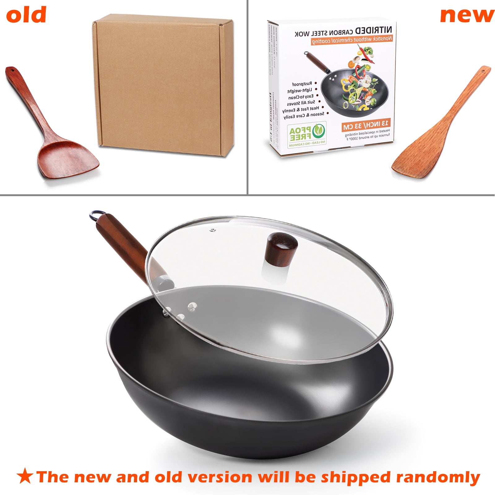 Carbon Steel Frying Wok Pan with Lid and Wooden Spatula, Clatine