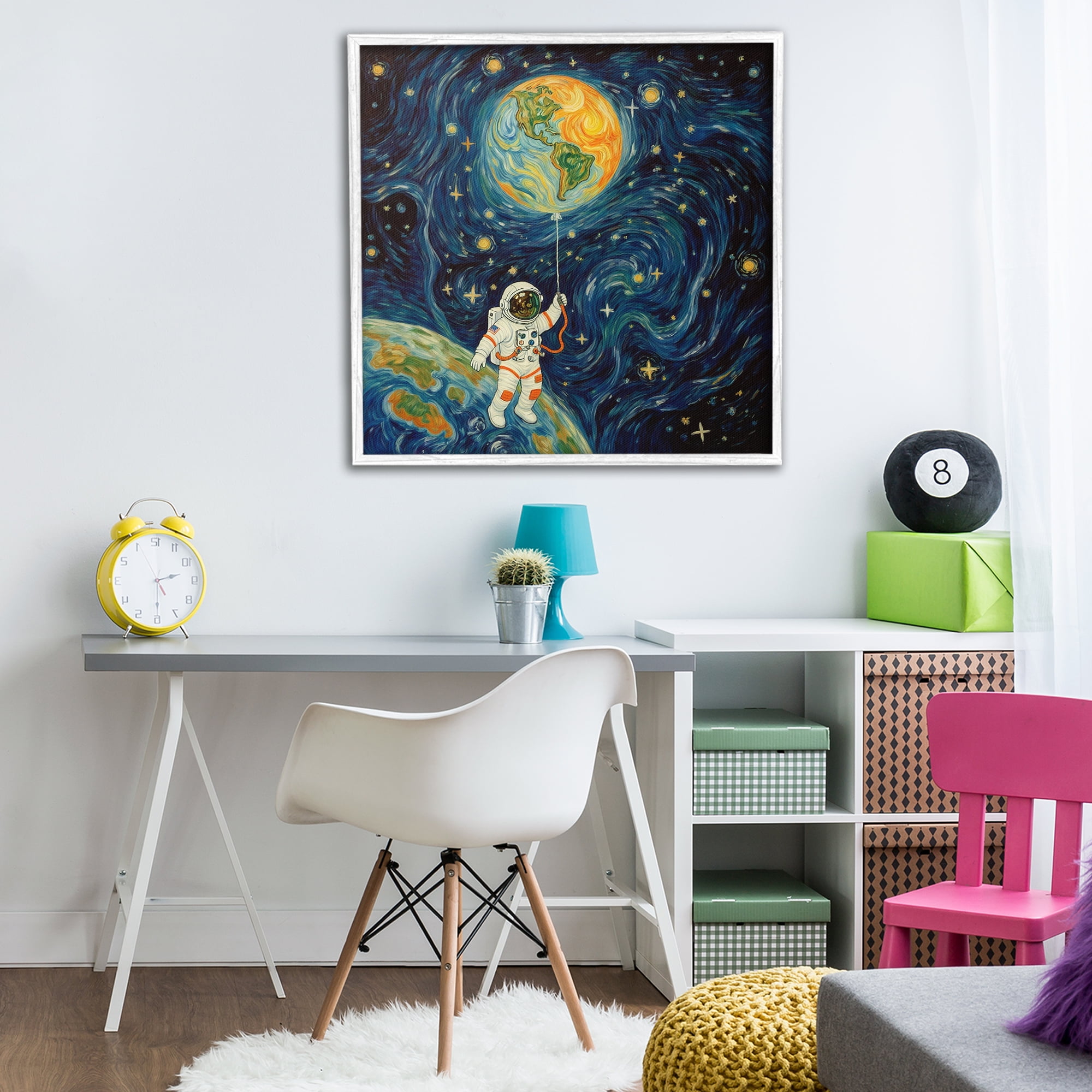 Astronaut with Earth Balloon White Framed Giclee Art, design by Angie Hawke