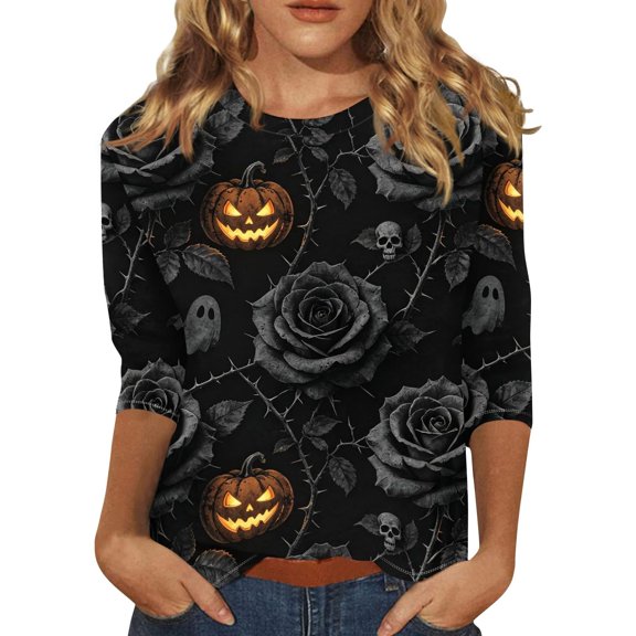 Bovemsi Cute Summer Tops Breathable Round‑Neck 3/4‑Sleeve Printed Blouse Fashion Outfits Clothes L