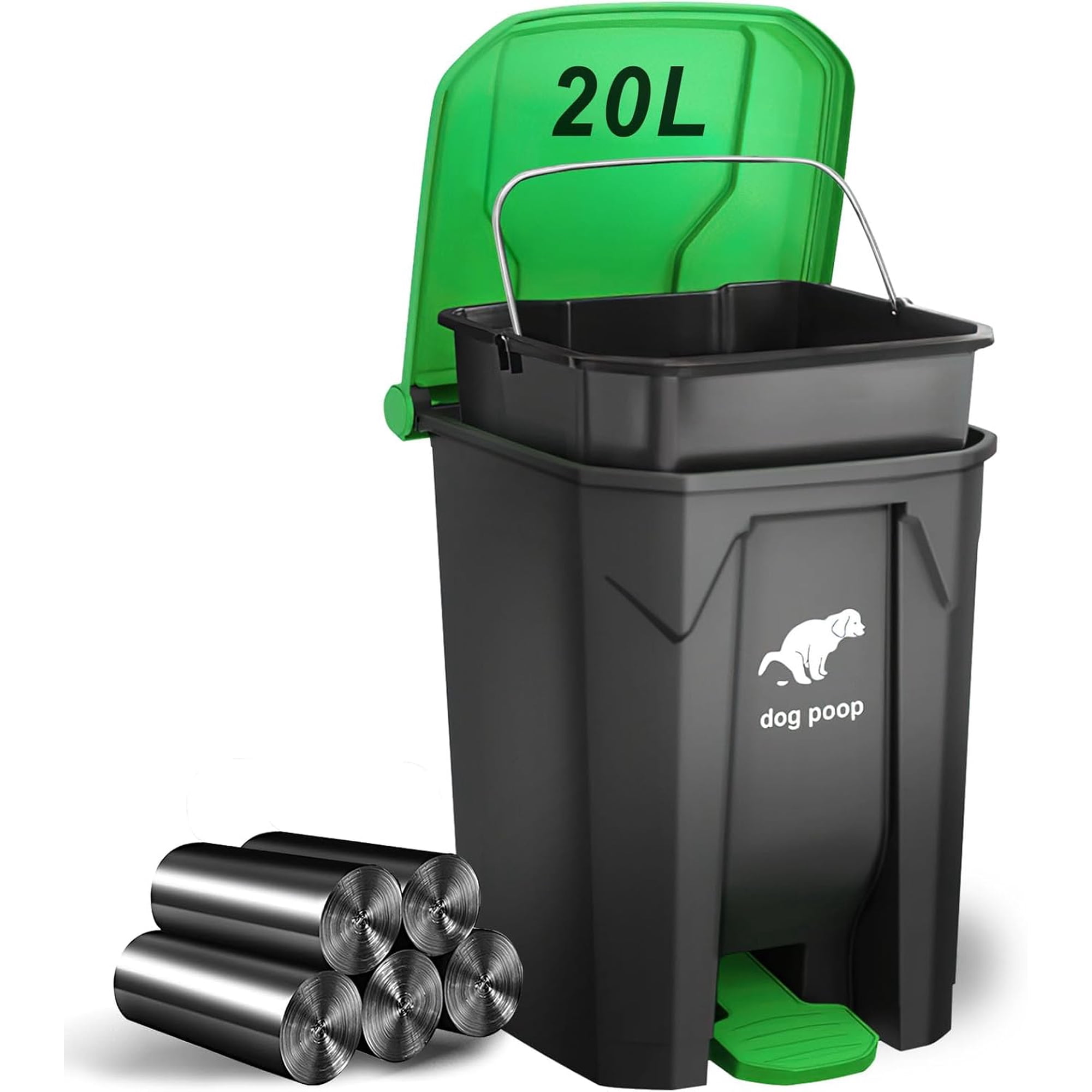 Dog Poop Trash Can Outside, 20L/5Gallon Dog Waste Trash Can with Lid, Pedal and Removable Inner Waste Bin, Pet Poop Bucket with 100 Bags, Green