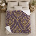 thumbnail image 5 of Gold Damask Medallions on Purple Field, Elegant Vintage Style for Pattern Lovers, Ornate Floral Scroll Pattern and Housewarming Gift, Cozy Flannel Blanket for Bedroom and Guest Room, Home Decor, 5 of 9