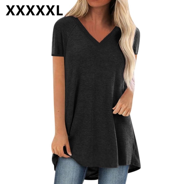 Camiseta casual con cuello en V superior para mujer, tela de verano suelta de lino de algodón, negro, 5XL Scienceny AP001830-16