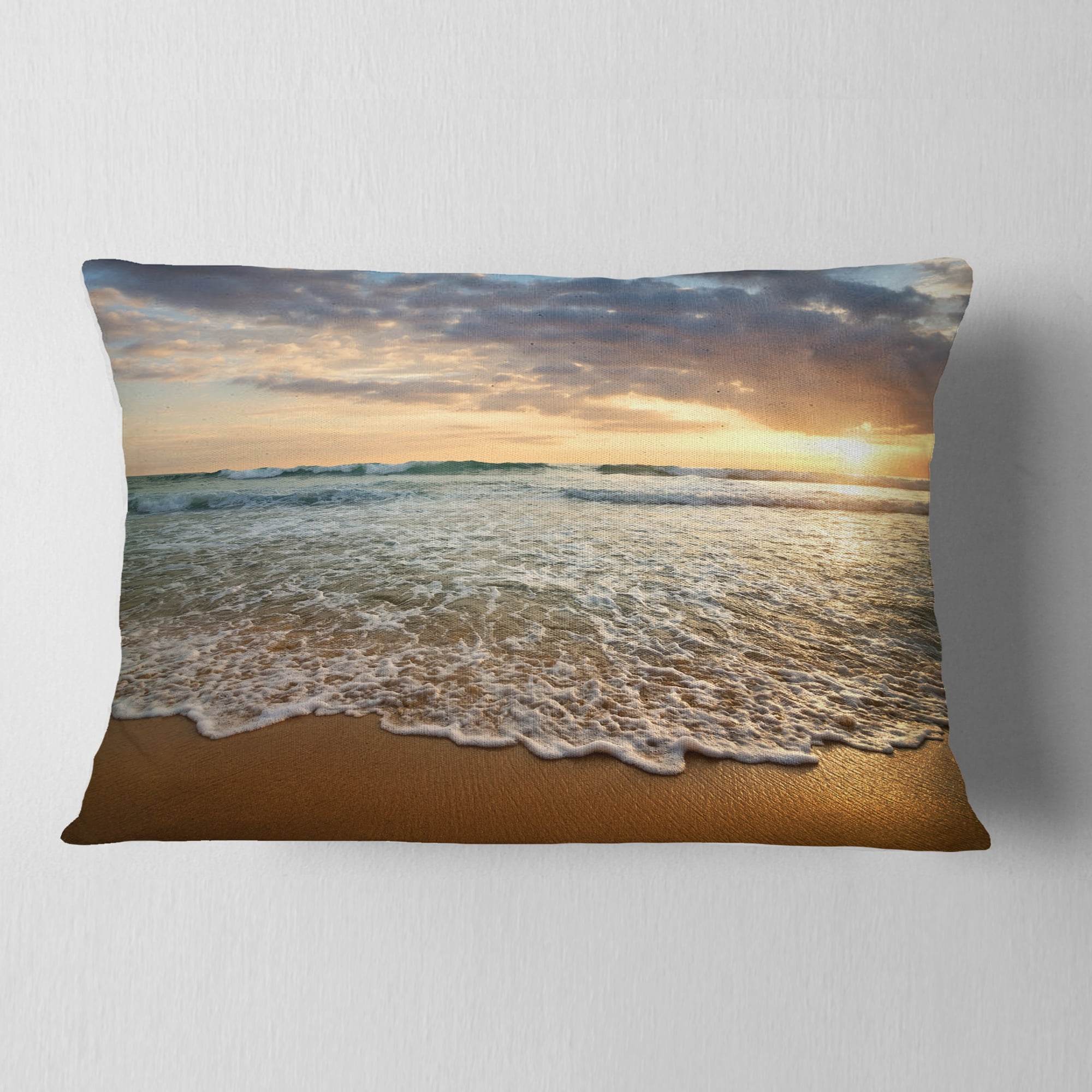 Designart Bright Cloudy Sunset in Calm Ocean - Seashore Throw Pillow - 12x20