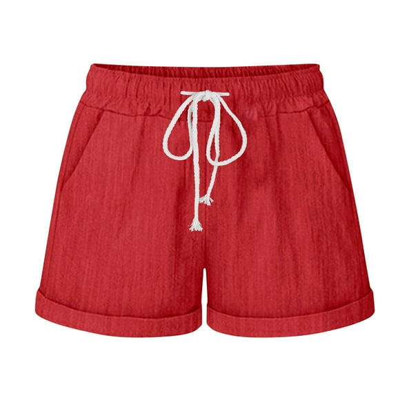 Charella Summer Linen Shorts Elastic Waist Drawcord Rolled Hem Lounge Short Pants with Pockets for Women Casual (X-Large, Red)