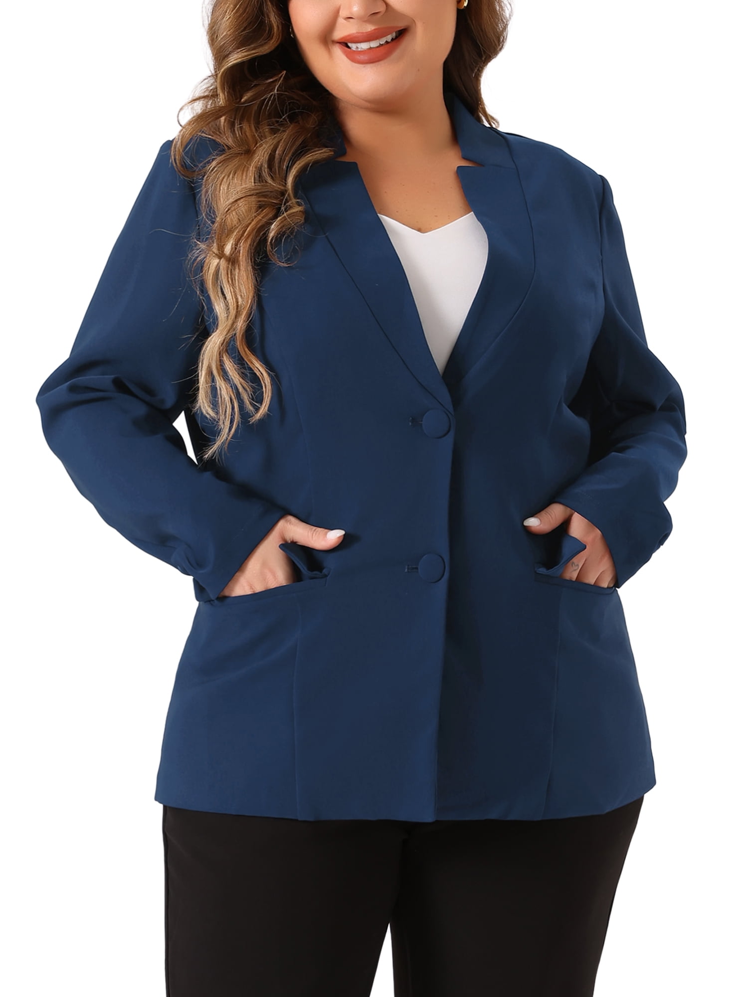 DARING DIVA Women's Plus Business Suit Blazer Button Work Blazer Jacket 1X Navy Blue