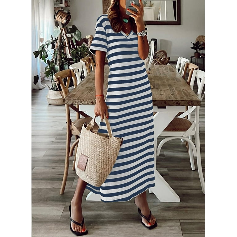 Casual Striped Split Joint V Neck Straight Dresses(4 colors) Casual Striped Split Joint V Neck Straight Dresses(4 colors)
