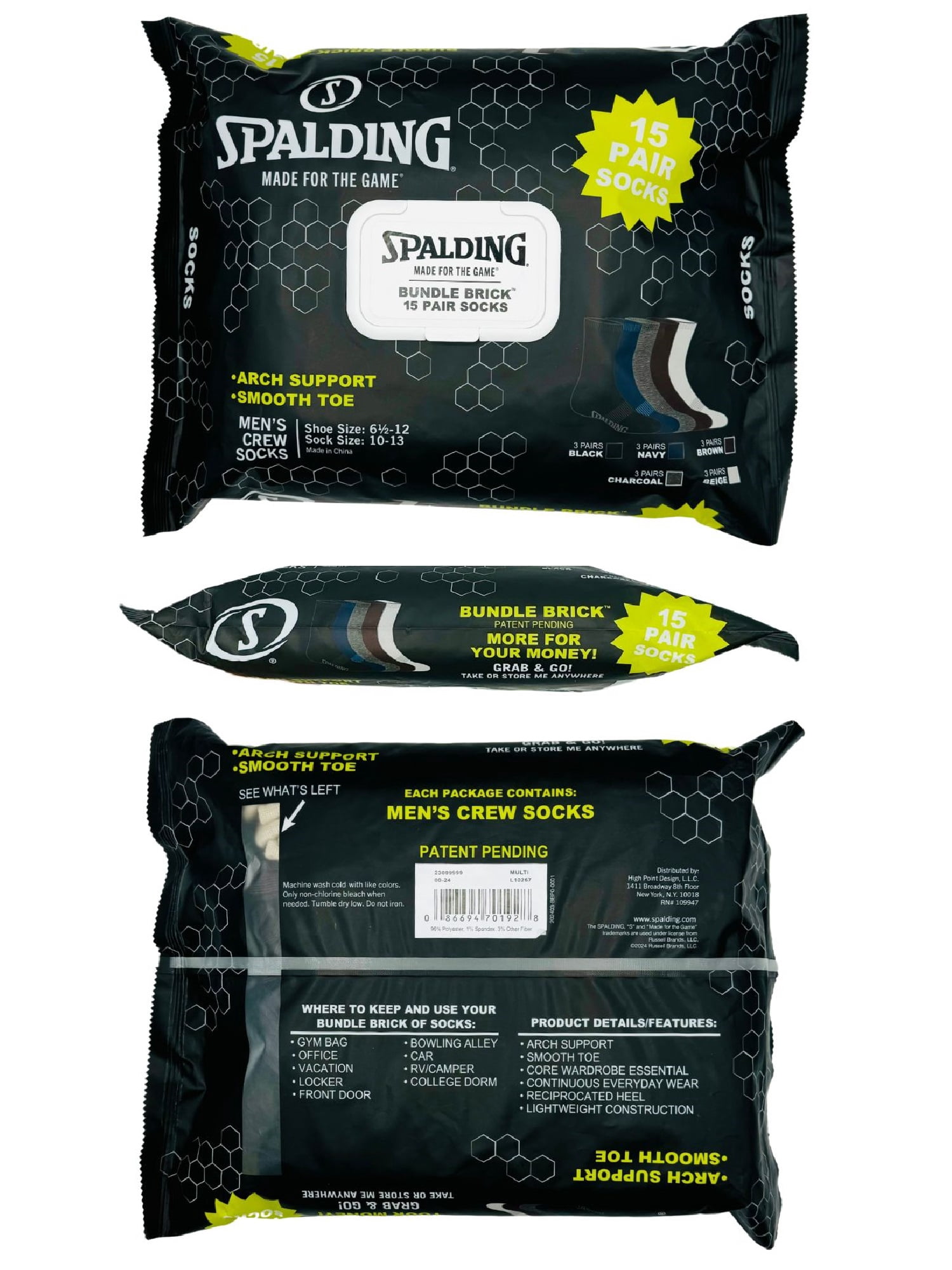 Spalding Men's Neutral Casual Crew Socks, 15-Pack, Sizes 6.5-12