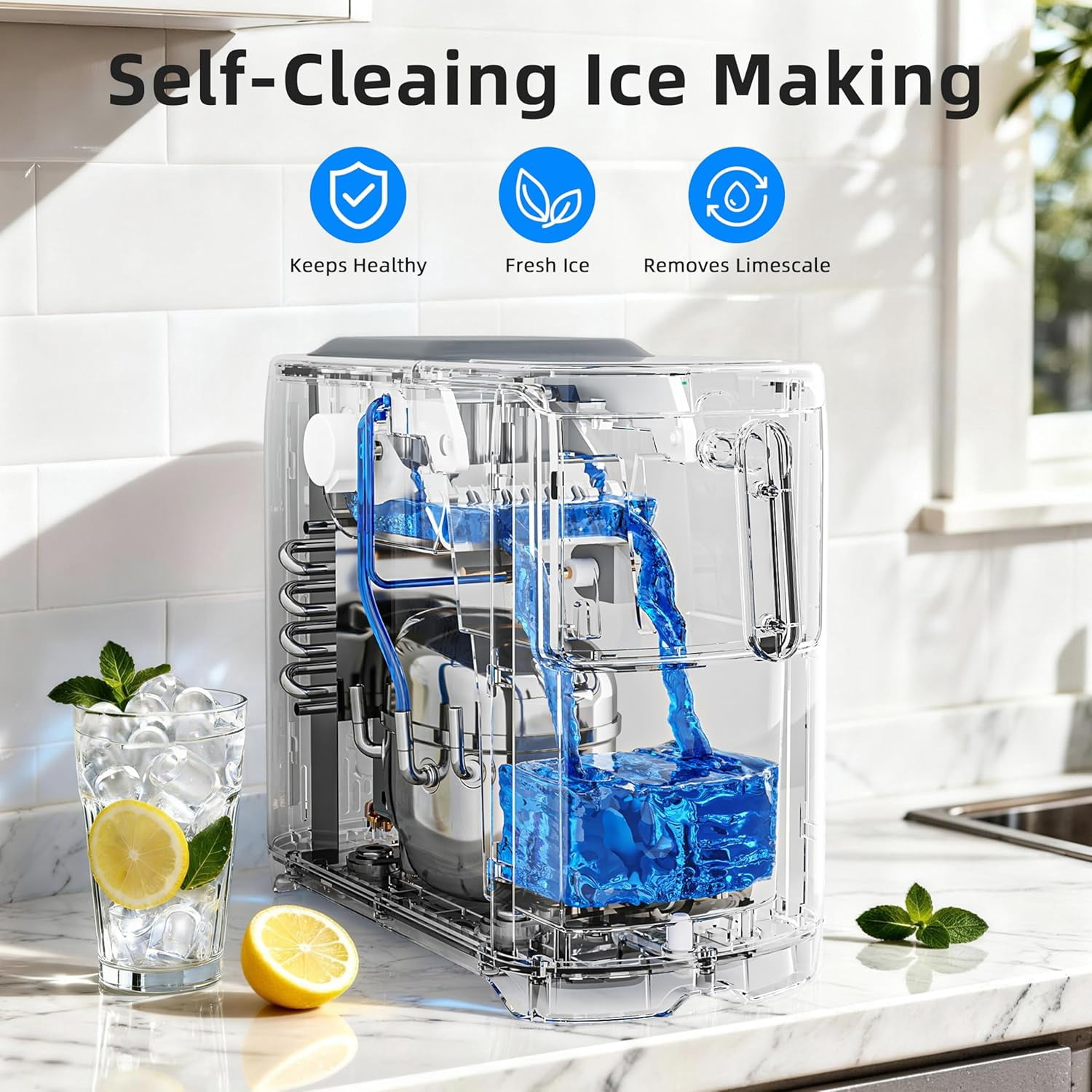 Bullet Ice Maker, 18Lbs/24H Compact Countertop Ice Machine,Fast 6Pcs Bullet Ice in 8 Mins, Removable Lid Easy to Clean, Self-Cleaning & Low Noise,White
