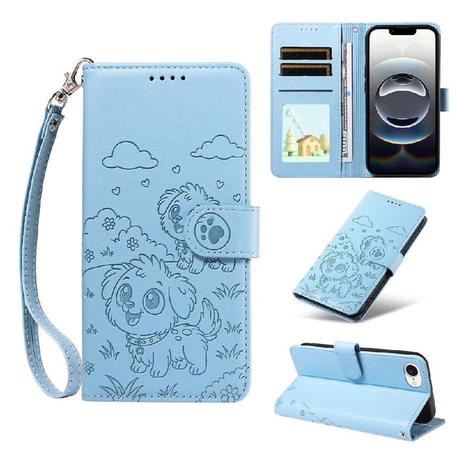 Funda Cartera GANGXUN con Diseño de Perrito en Relieve para iPhone 16e , Protección 360° con Ranuras y Correa Desmontable
