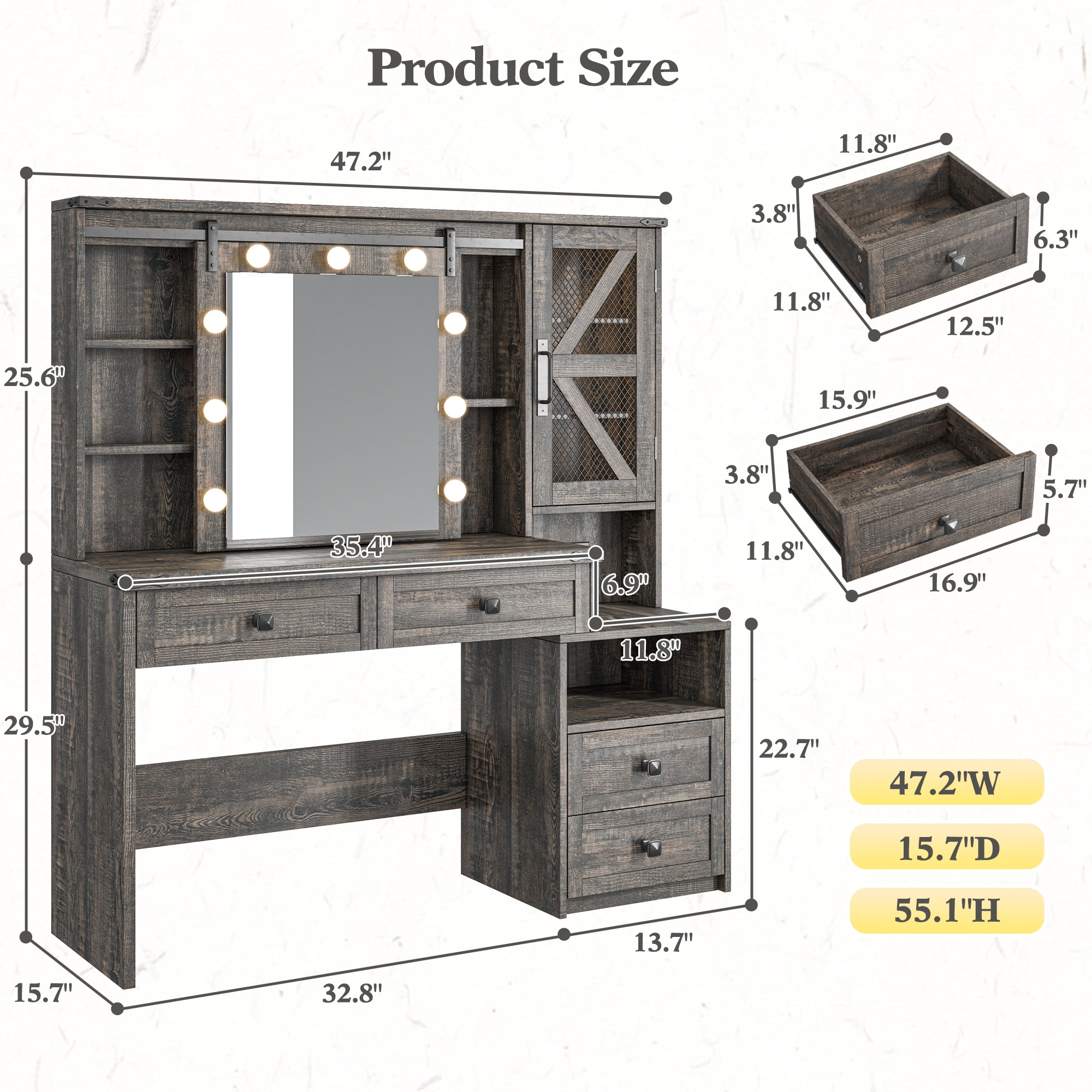 Vanity Set with Mirror and Lights Vanity Desk with 4 Wooden Drawers & 3-Tier Storage Shelf & Charge Station Farmhouse Vanity Dressing Table for Girl, Stool Not Included, Dark Rustic Oak