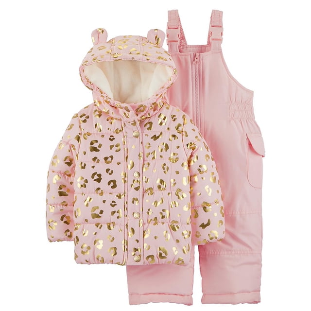 Carter's Traje de nieve para niña de 2 piezas, estampado pesado, con orejas, leopardo, rosa claro, 24 meses