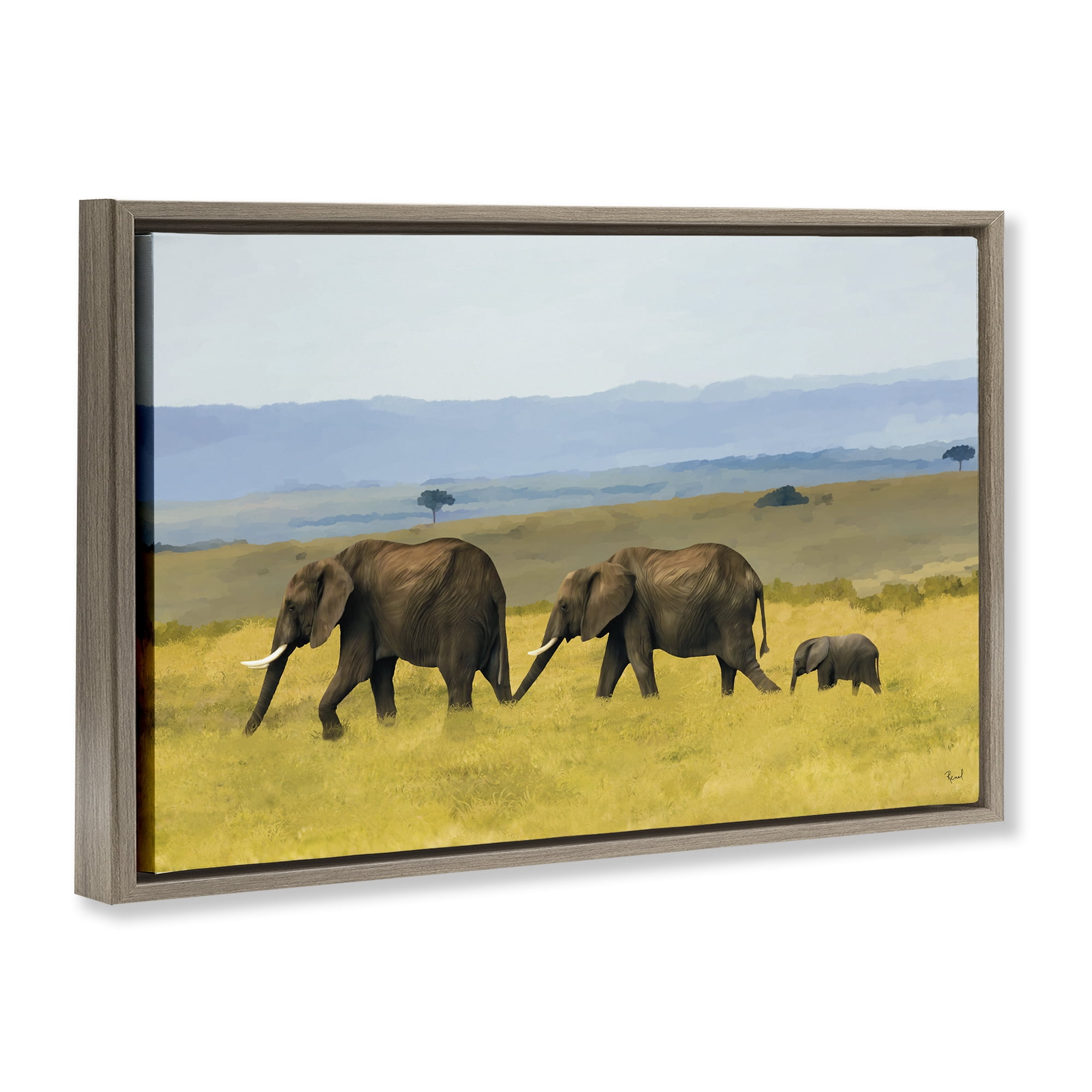 Stupell Industries Elephants In The Grassland Brown Framed Floater Canvas Wall Art, design by Renel Peters