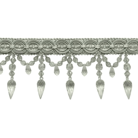 3 3/4" (9.5cm) Long Decorative Beaded Fringe Trim with Fancy Gimp Header, Large Teardrop Design # BF334,, Silver Grey #049 (Grey Silver) Sold By The Yard (36"/3 ft/0.9m)