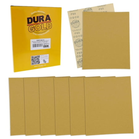 

Dura-Gold Premium Sandpaper - 80 Grit - Full Size 9 x 11 Sheets Wood Workers Gold Plain Backing - Box of 10 Sheets - Hand Sand Block Sanding Cut for Use On 1/4 1/3 1/2 Sheet Finishing Sanders