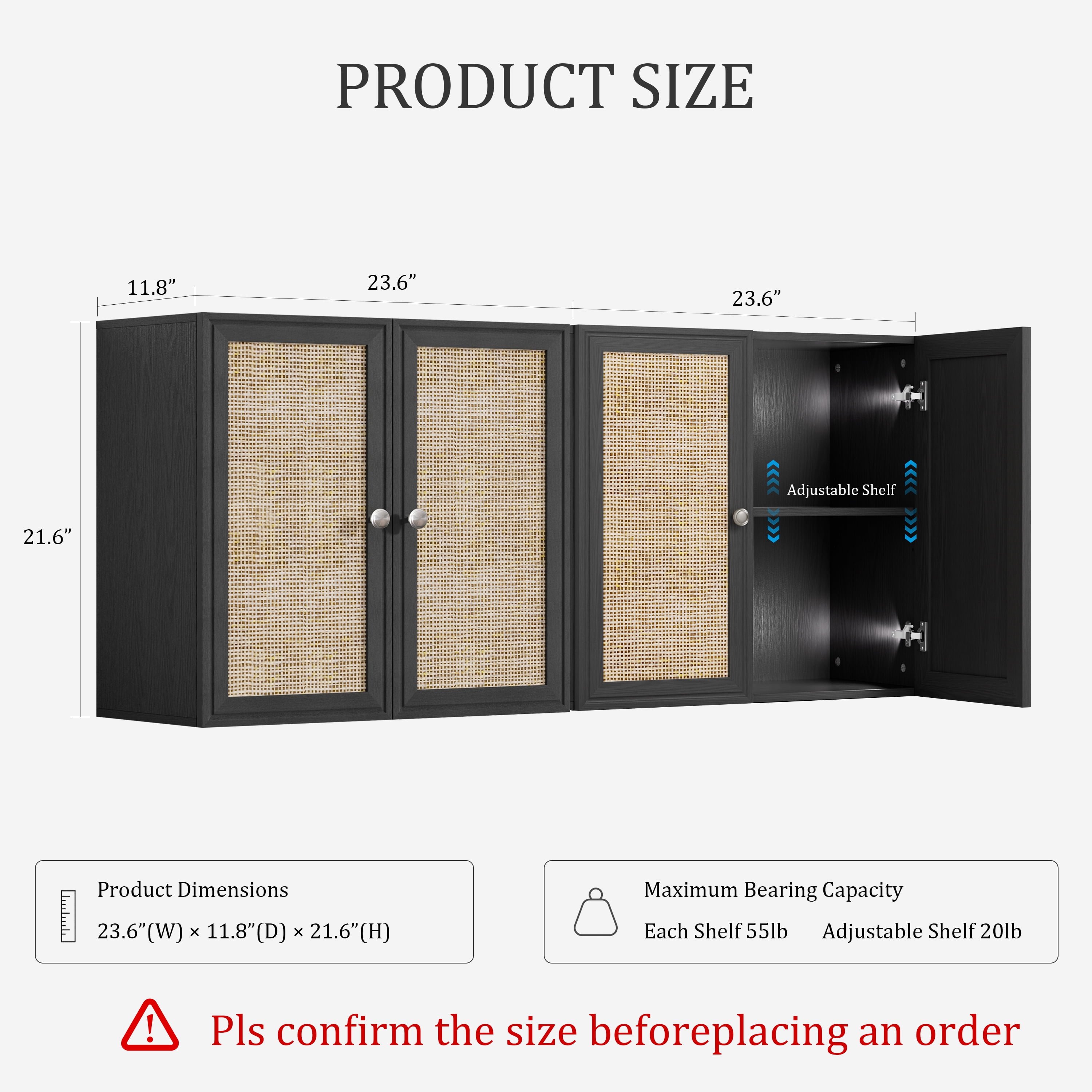 POLIHOME Wall Cabinet Storage-Rattan Laundry Cabinet,Wall Mounted Cabinet with Adjustable Shelves, 24INCH X 2PCS，Black