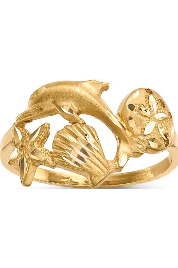 14K Yellow Gold Polished And Satin Diamond-Cut Dolphin Starfish Shell Sand Dollar Ring (Size 7) Made In United States r597