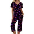 thumbnail image 3 of Kixjoy Valentines Capris Sets Women 2 Piece Outfits Short Sleeve Sweatsuit Lounge Fall Sweat Capris and Shirts Valentines Plus Size Loose Fit Tracksuits for Women Set with Pockets, Dark Purple S, 3 of 7
