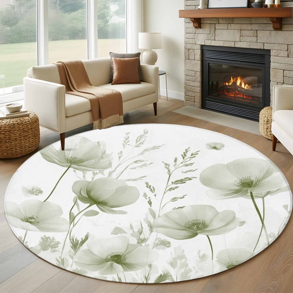 8ft Round Rug, Sage Green Spring Floral Non-Skid Rubber Backing Large Area Rugs - Living Room Bedroom Home Office, Summer Botanical Watercolor Vintage Indoor Floor Mat Carpets Washable Rug